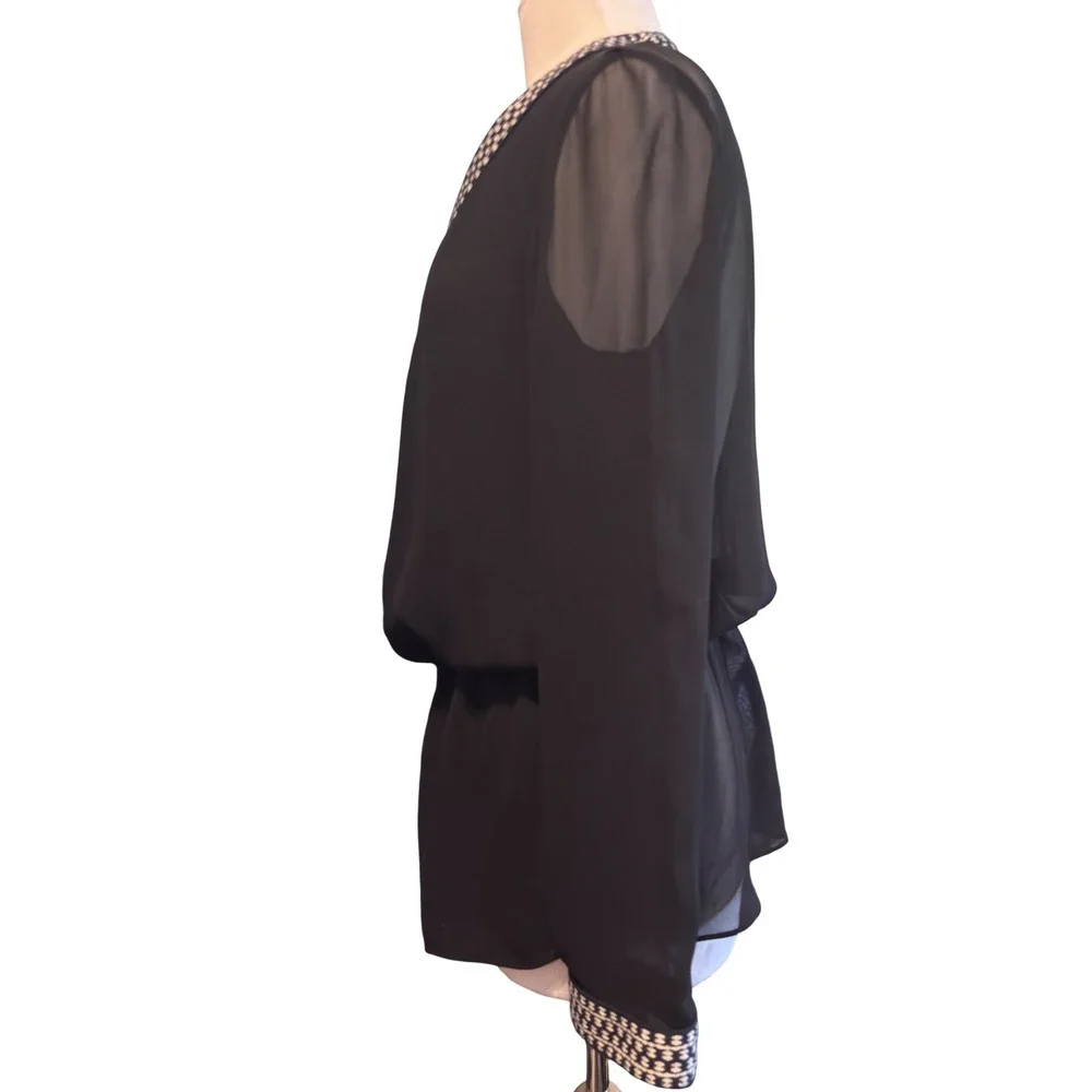 Tory Burch Silk Tunic Blouse Women 8 Black Excellent Embroidered V-Neck 52151136